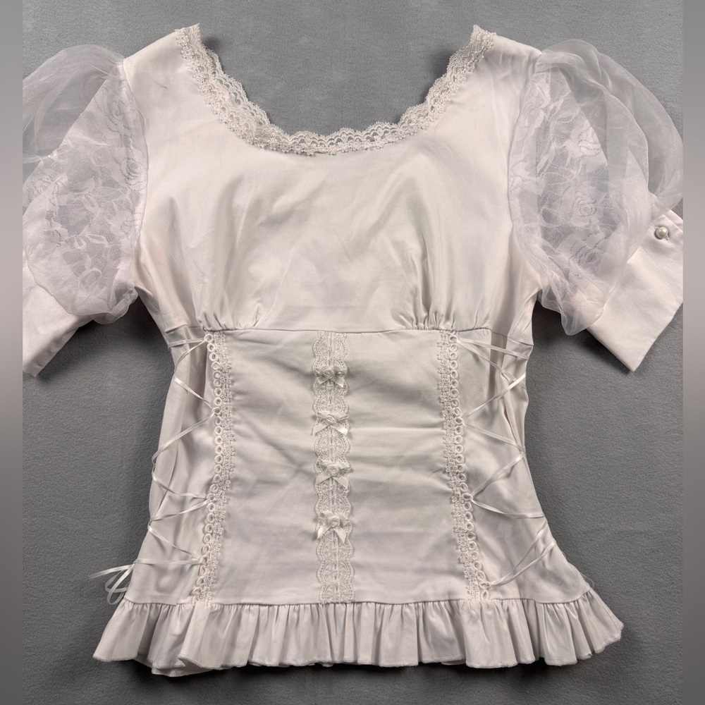 Floral Lace Trim Puff Sleeve XL Corset Top White Fairy Belle Poque Steampunk